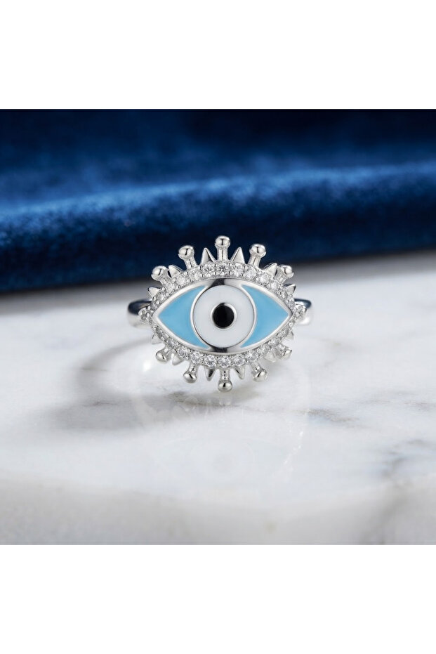 Bohemian Evil Eye Bead Detailed Zircon Stone Luxury Adjustable Women's Ring (Special Boxed)