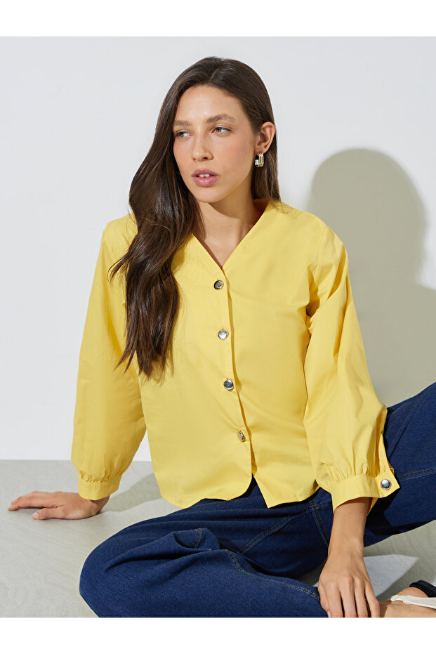 Yellow Solid Metal Button Collarless Shirt