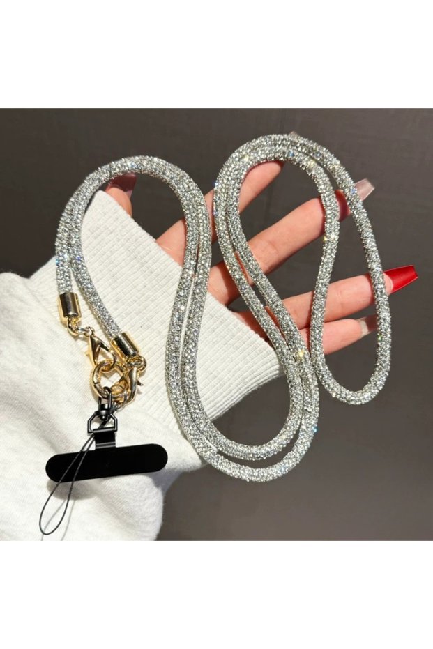 WHITE Luxury Rhinestone Phone Lanyard Crossbody Chain Durable Anti-Lost Mobile Neck Strap with Metal