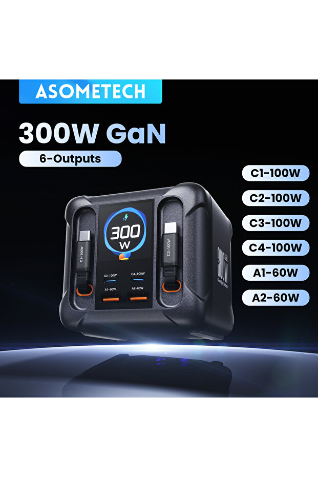 White EU Plug ASOMETECH 300W GaN USB Charger LED Display Retractable Type C Cable 100W 65W PD3.0 PPS