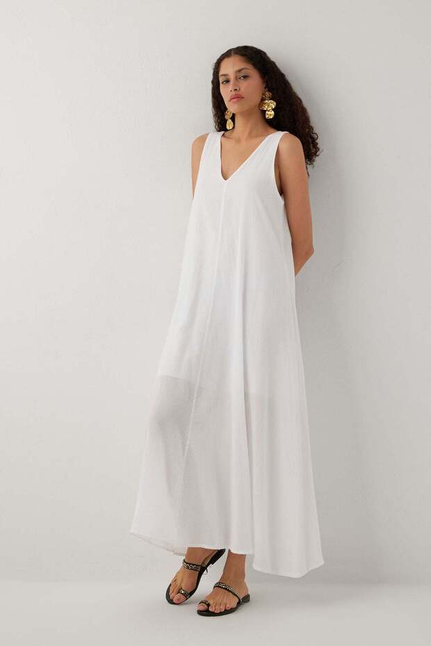 Solea Sleeveless V-Neck Double Layered Cotton Long Dress