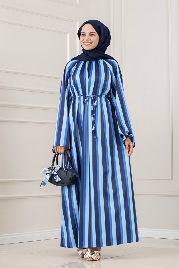 Thick Striped High Collar Dress-Dark Blue