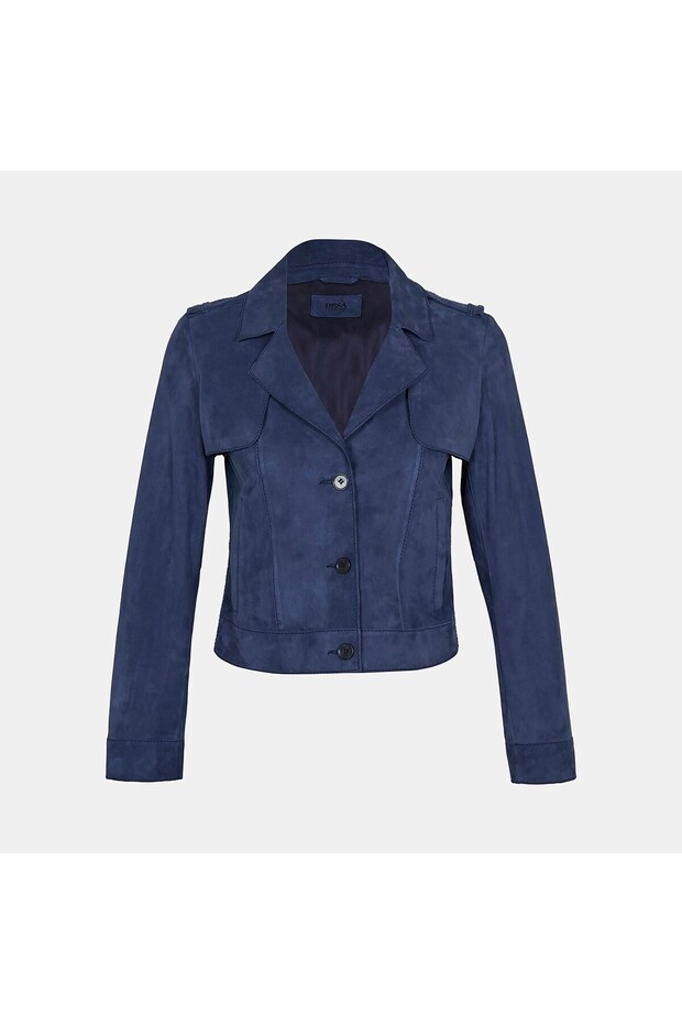 Women's Navy Blue Shirt Collar Buttoned Short Suede Jacket