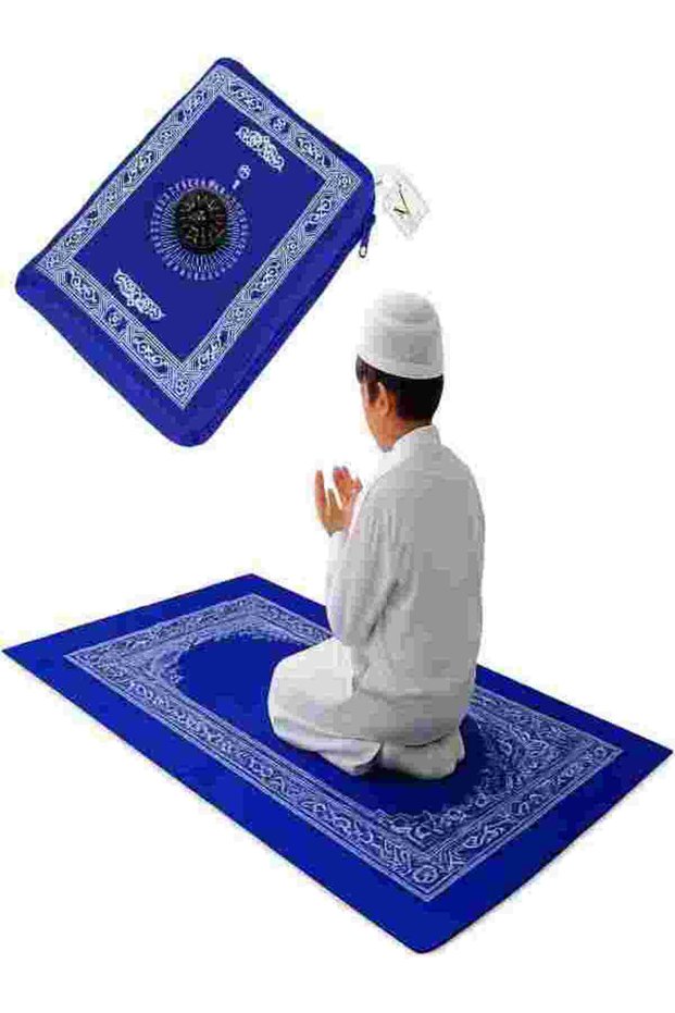 Portable Prayer Mat with Qibla Compass, Foldable Travel Salah Mat, Lightweight Waterproof Muslim Prayer Rug for Umrah, Hajj & Travel, Blue (Size 60X100 cm)