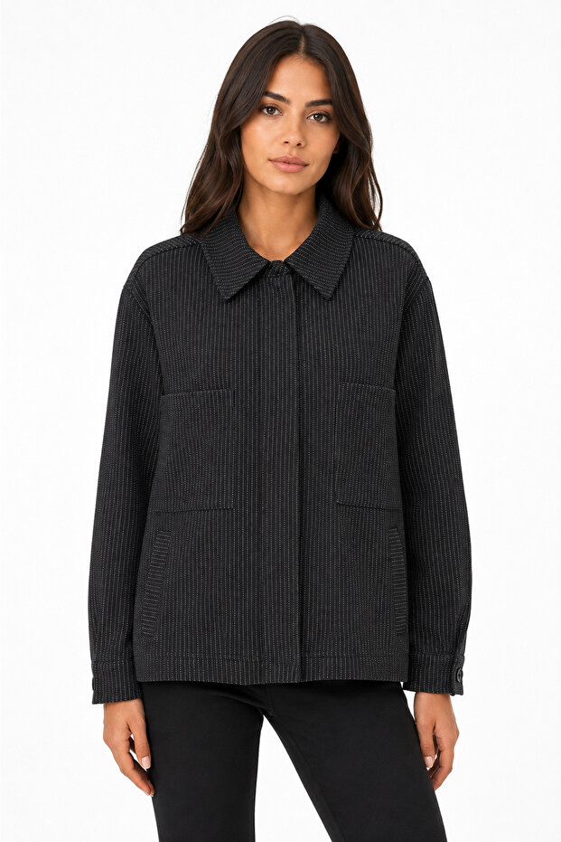 Women's Black Striped Regular Fit Jacket