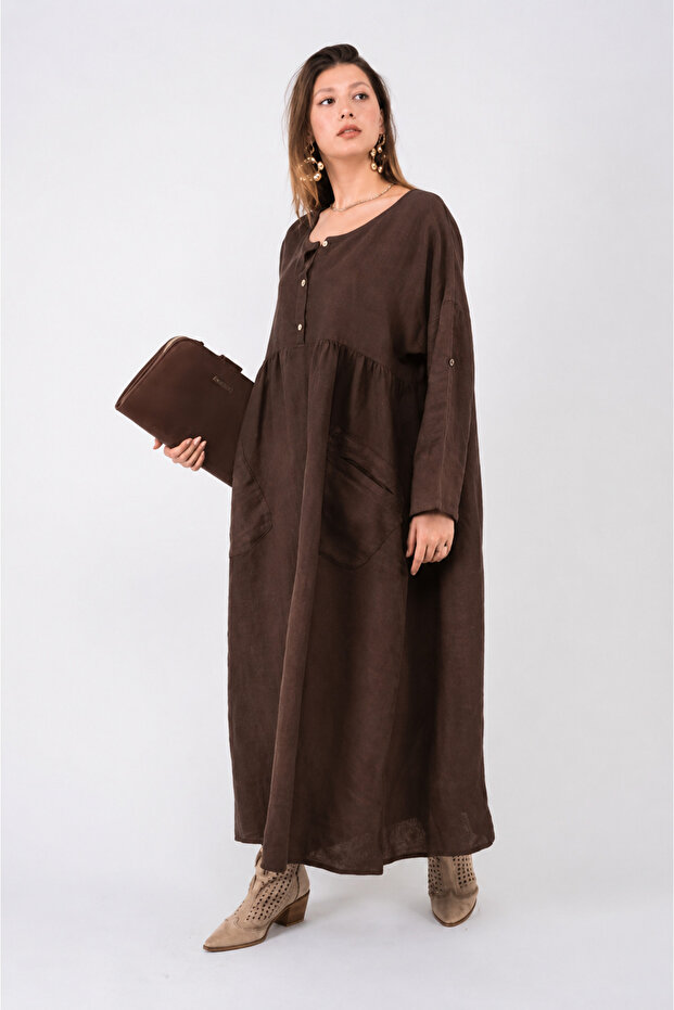 Italian Buttoned Long Sleeve Linen Dress