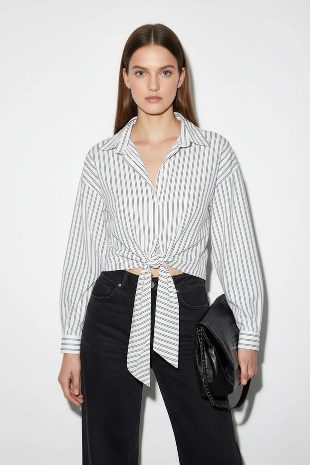 Women's Striped Oversized Shirt with Tie Detail White Black