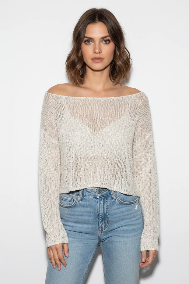 Women's Boat Neck Sequined Mesh Textured Bat Sleeve Crop White Blouse