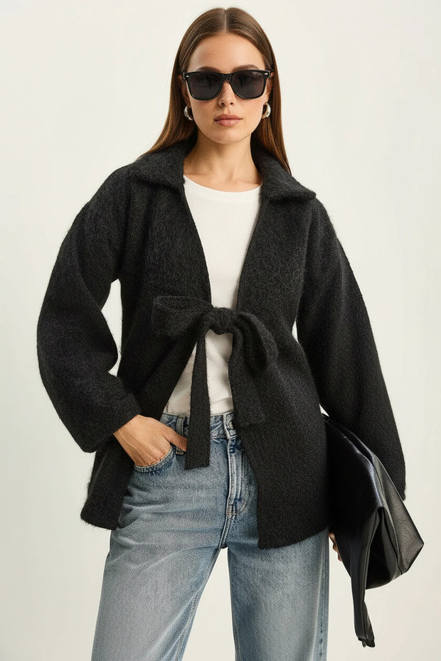 Women's Shirt Collar Tie Detail Washed Black Coat