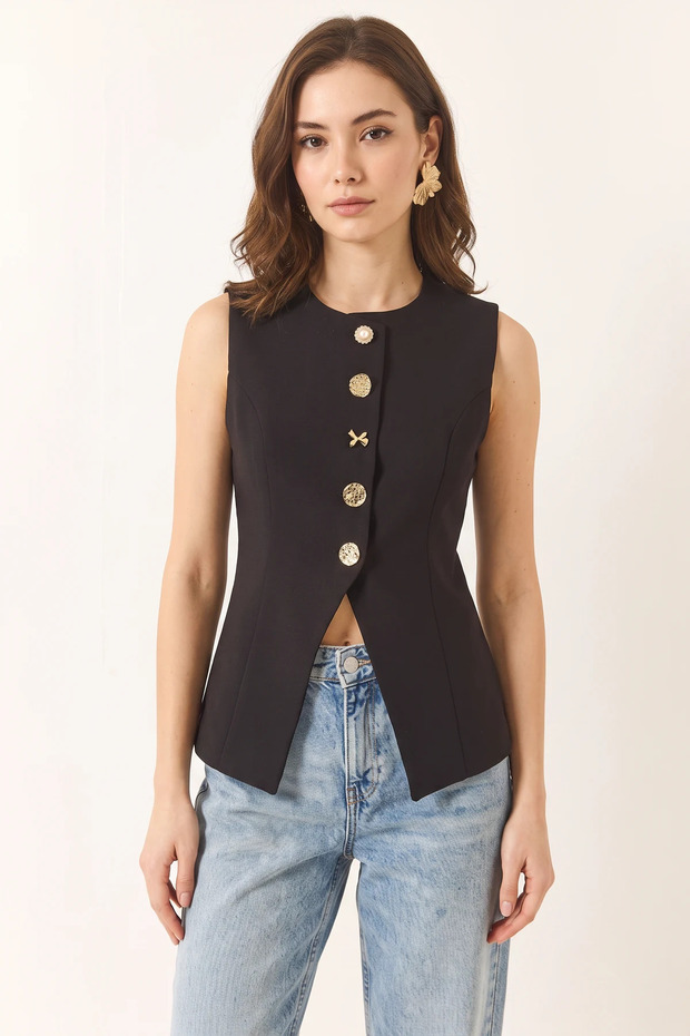 Women's Crew Neck Gold Button Detailed Lined Black Vest