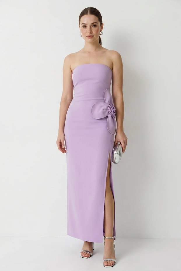 Women's Strapless Maxi Lilac Dress with Floral Accessories and Slit Detail