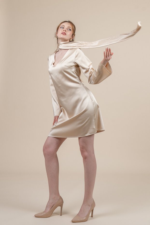 Women's Winter Beige Satin Scarf Detailed Long Sleeve Dress 50360