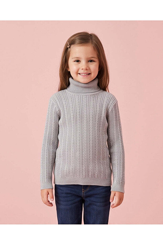 Girls Grey Turtleneck Cable Knit Pullover