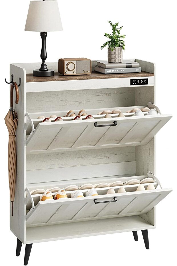 Shoe Cabinet with Deodorization Function, Freestanding Shoe Storage Organizer with 2 Flip-Drawers, Side Hooks & Back-Stopper Countertop, 12mm&15mm Thick MDF Shoe Rack for Entryway Hallway