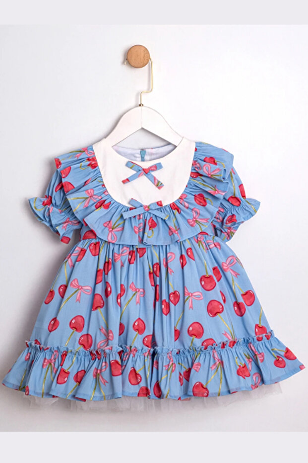 Girl's Cherry Patterned Ruffle Dress Blue