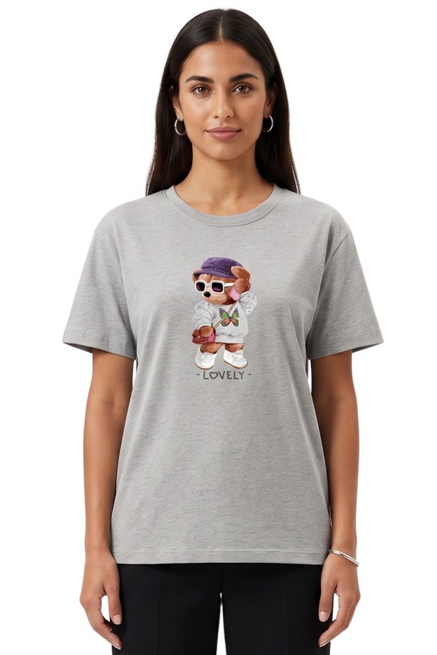 Women's Gray Lovely Teddy Bear Printed T-Shirt 100% Cotton Comfortable Fit
