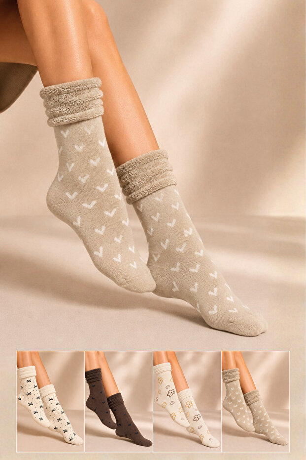 Women's Patterned Curly Terry Socks 4-Piece Socks