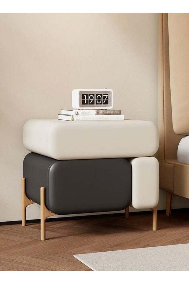 Multipurpose Use 3 Drawers Rounded Corner Nightstand Leather Wrapped Creative Bedside Table Groove Handle Design Side Table with Display Shelf for Living Room Bedroom 50x40x50 cm