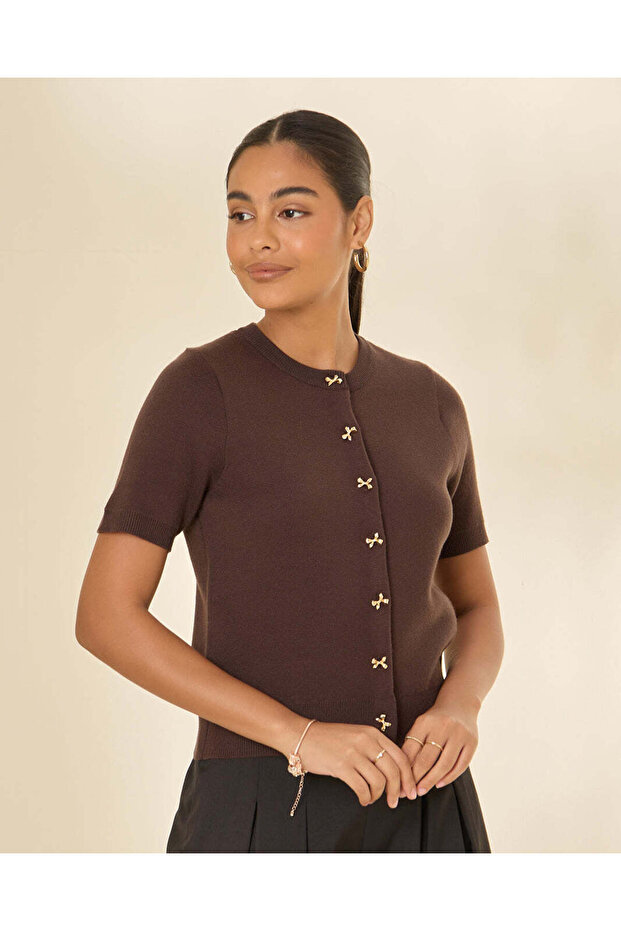 Women Brown Button-Through Knit Cardigan