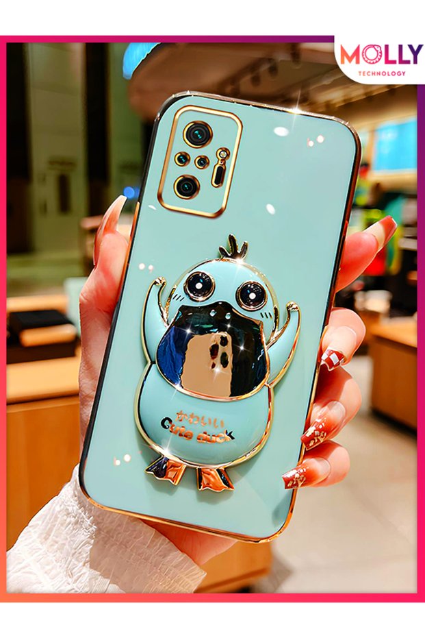 Water Green Cute Duck Stand Gold Detailed Luxury Silicone Case for Xiaomi Redmi Note 10 Pro