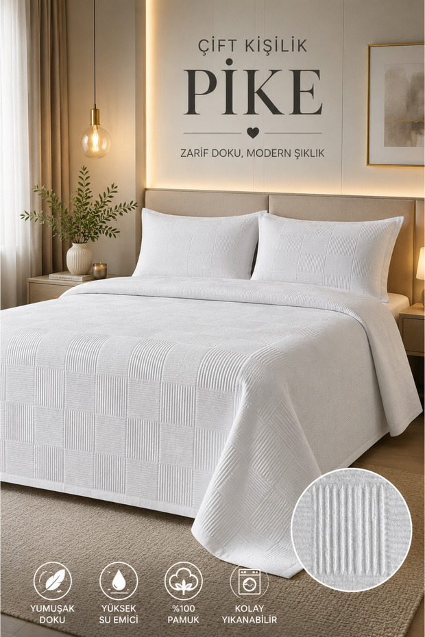 Piqué Bedspread—White Cotton Patterned Bedspread, Double Size, 200x230