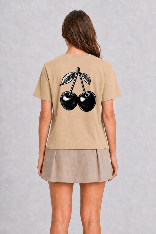 Tattoo Style Cherry Print T-Shirt - Cream