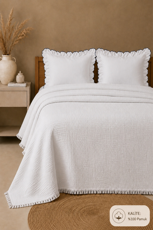 Dilek Double Bedspread Set - White - 100% Cotton