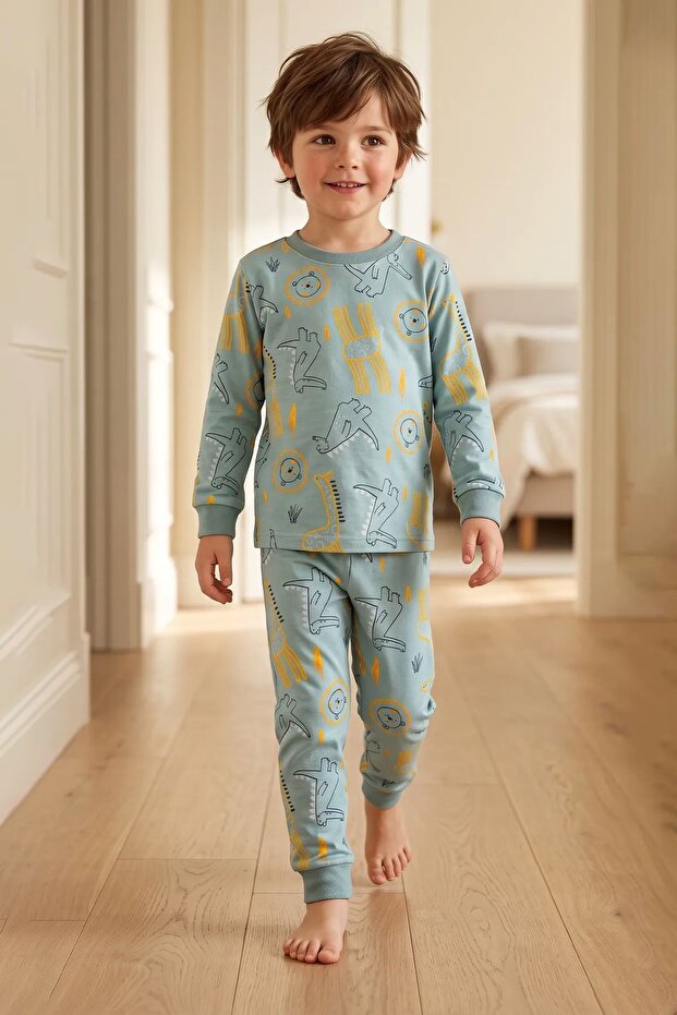 Boys Dinosaur and Safari Animals Print Long Sleeve Bottom Top Pajama Set