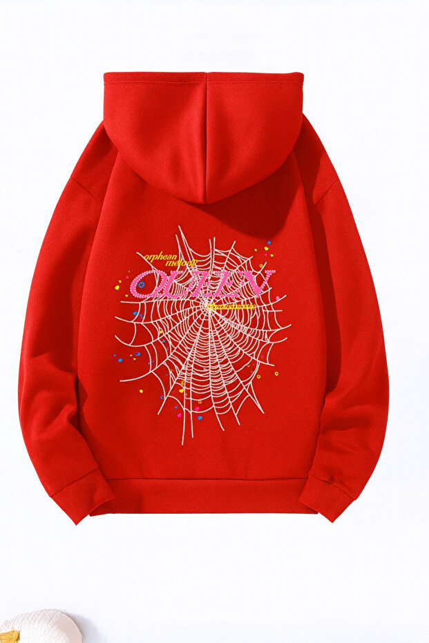 Unisex Oversize 3 Thread Yarn Kangaroo Pocket "Spider Web and Typography" Printed Hooded Sweatshirt