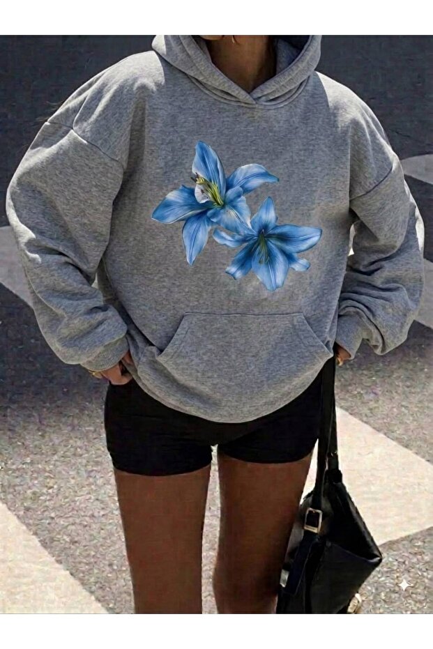 Women's Colorful Lily Flower Printed Hooded Sweatshirt