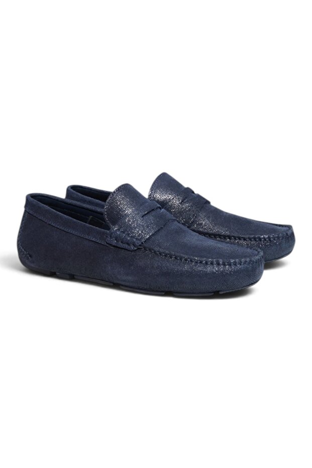 Dark Blue Color Laceless Genuine Leather Men's Shoes