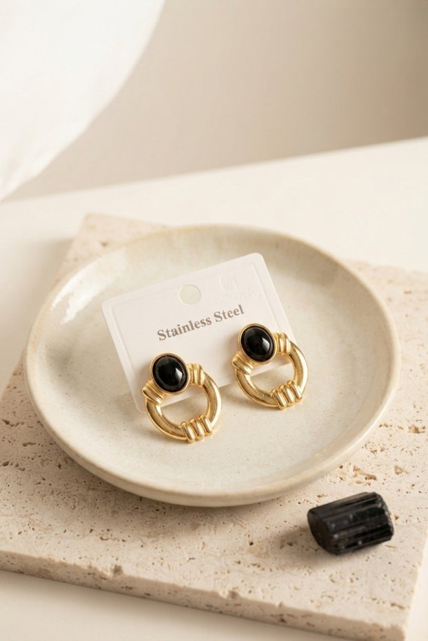 316L Steel Gold Color Vintage Black Stone Earrings