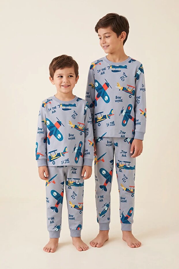 Time to Fly Gray Color Airplane Patterned Boys' Pajama Set