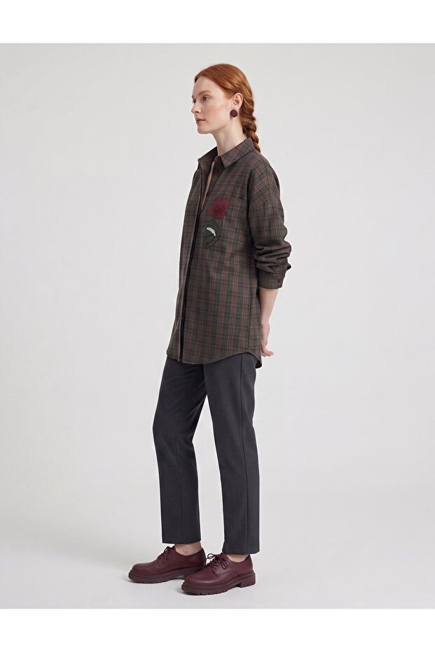 Plaid Pattern Embroidery Appliqué Tunic Khaki