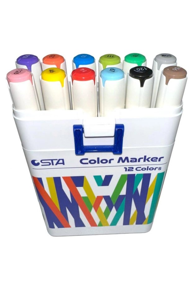 910312 Double-Tip Alcohol-Based Marker 1Mm/1-7Mm Tip Pen Set 12 Pcs (Colors) Plastic Case with Carrying Handle