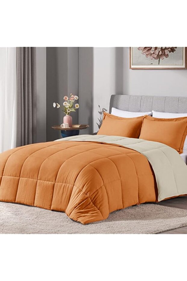 LOVTEX 3PCS Beige Comforter Set Queen - Ultra Soft Washed Microfiber Queen Comforter Set - Reversible Down Alternative Comforter with 2 Pillow Shams(Caramel/Beige)