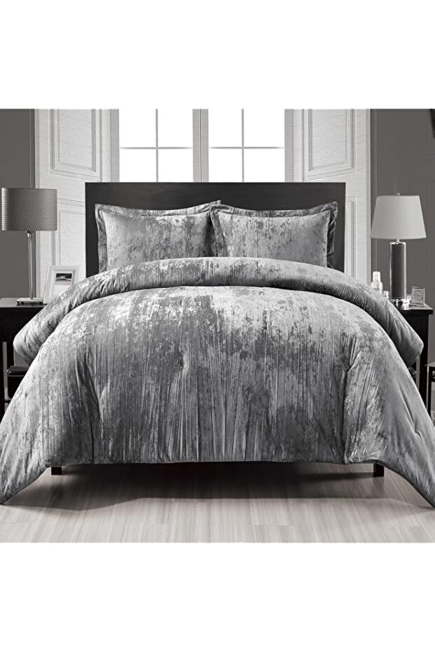 Fredsure Crinkle Velvet Comforter Set, 3 Pieces Grey King, Crinkle Velvet Face and Brushed Microfiber Reverse