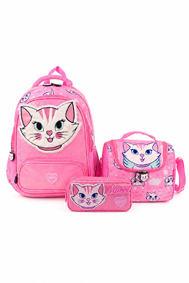 Bubbles 9613 Sweet Cat Patterned Plush Detailed 3-Piece Primary School Bag Lunch Pencil Case Set