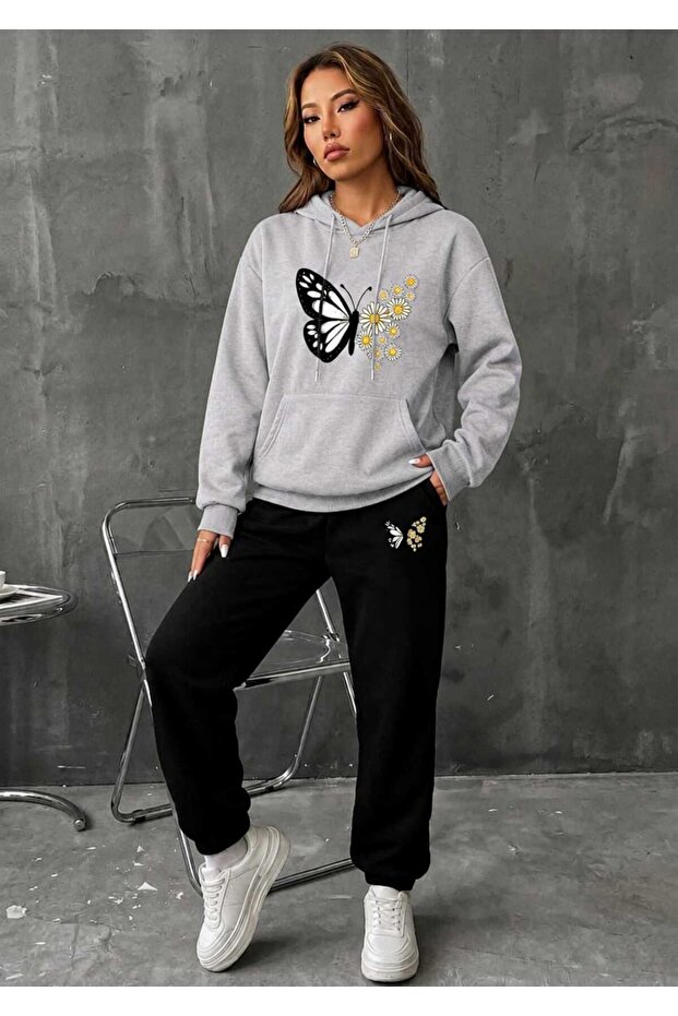 Hooded Sweatshirt 2-Piece Combination Winter Patterned Daisy Butterfly Printed Women's / Girls' Model