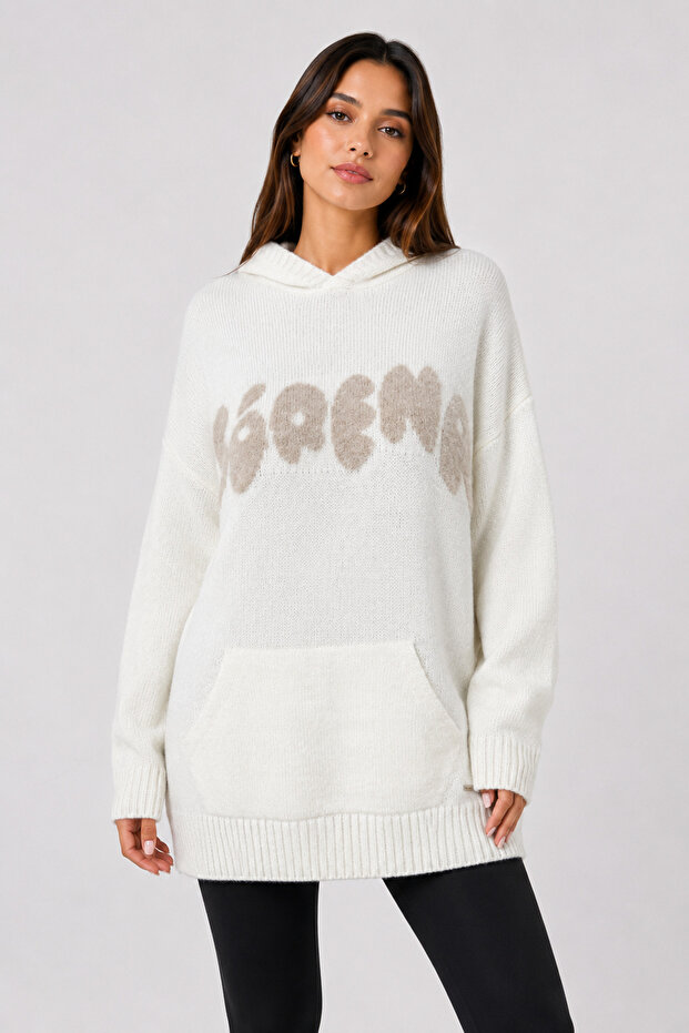 Women's Hooded Relaxed White Knitwear Sweatshirt