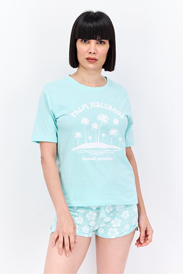 Women 2 Pc Short Sleeves Graphic Printed Pajama Set, Turquoise