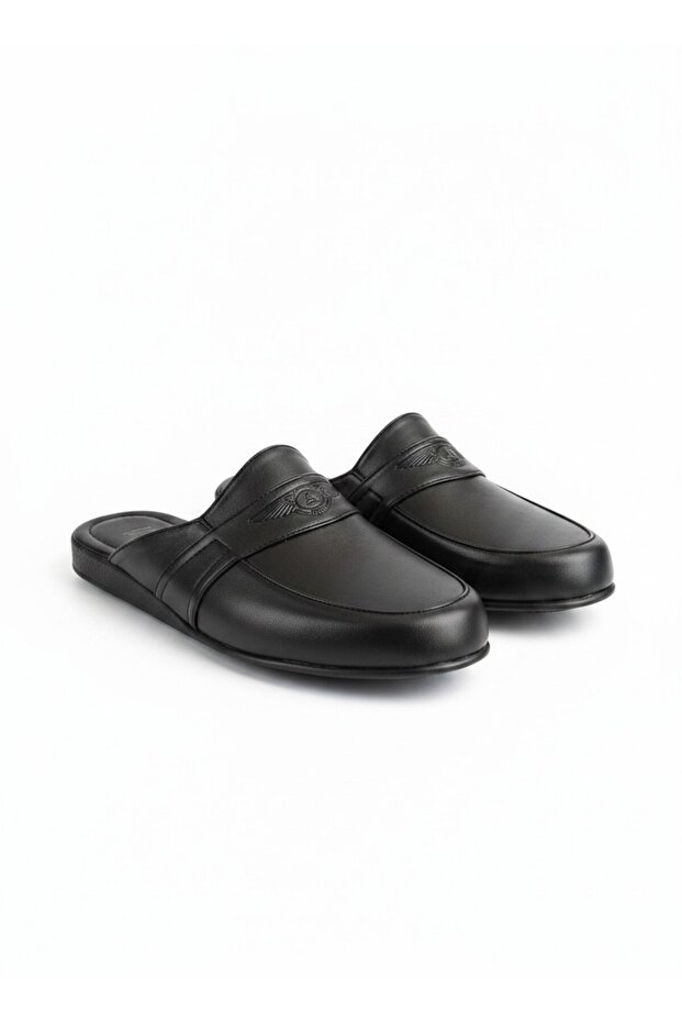 Men's Leather Slippers Black Home Office Guest Groom
