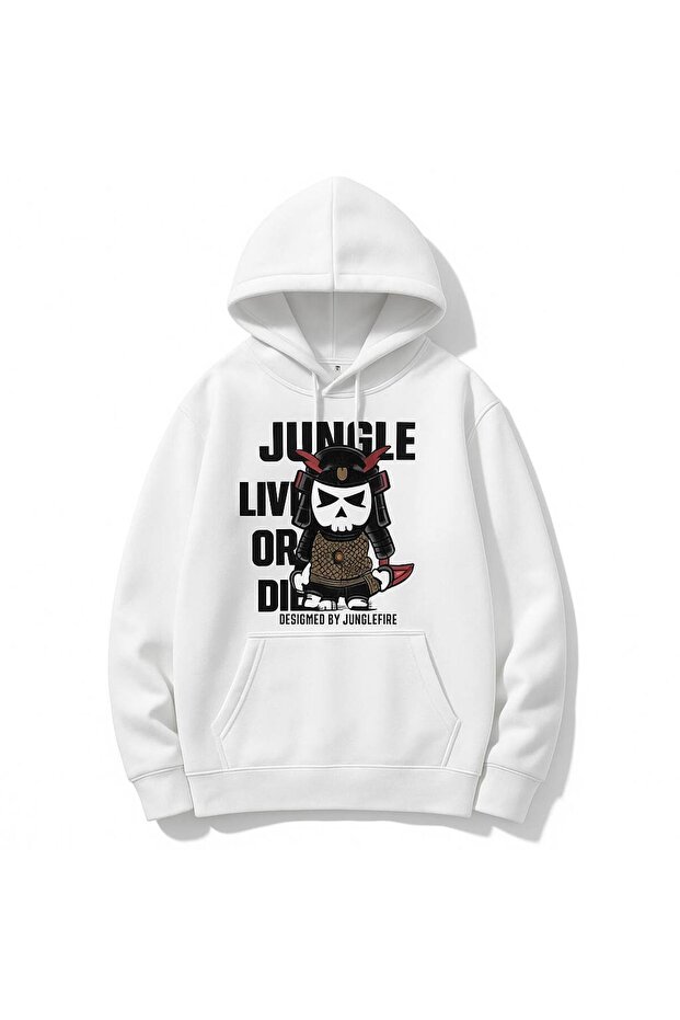 Unisex Oversize 3 Thread Yarn Kangaroo Pocket "Samurai Cat" Printed Hooded Sweatshirt
