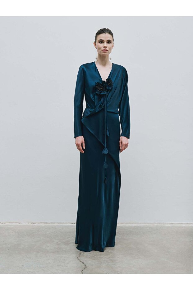Floral Detailed Draped Satin Dress