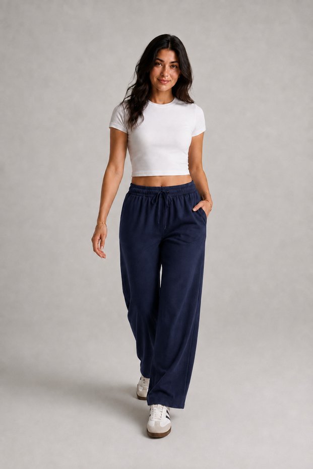 Women's Navy Blue High-Waisted, Linen Textured Gabardine, Elastic Waist, Lace-Up, Pocketed, Comfortable Cut Pants