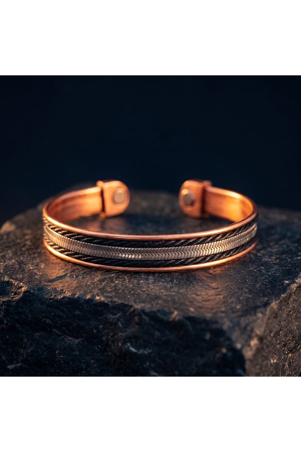 Copper Bracelet with Multiple Chain Details and Magnet Tip Open Handcuff Men's Accessory