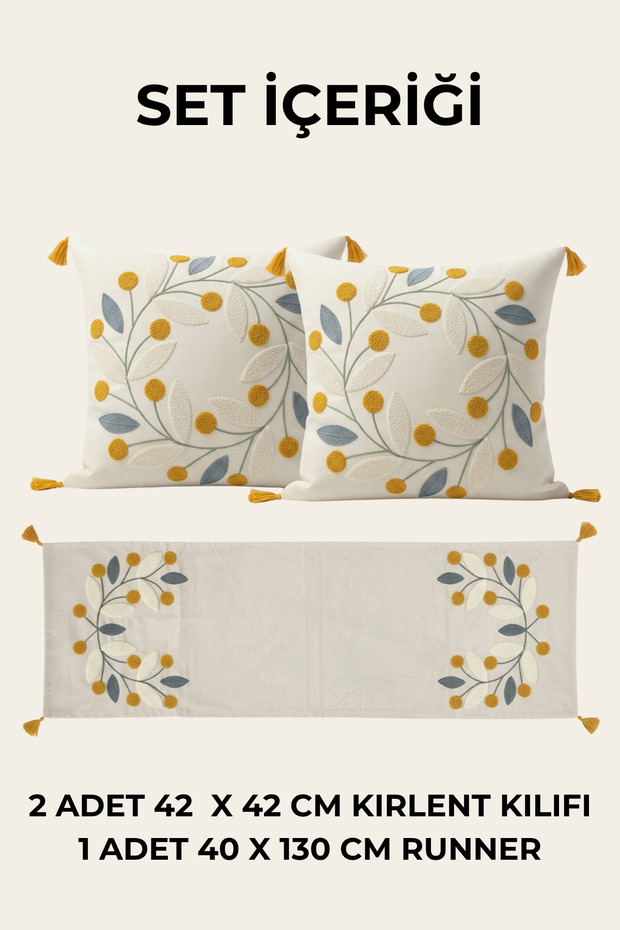 Çelenk Punch Embroidered Throw Pillow and Runner Set 2 Throw Pillow Covers 1 Table Runner 3 Pieces
