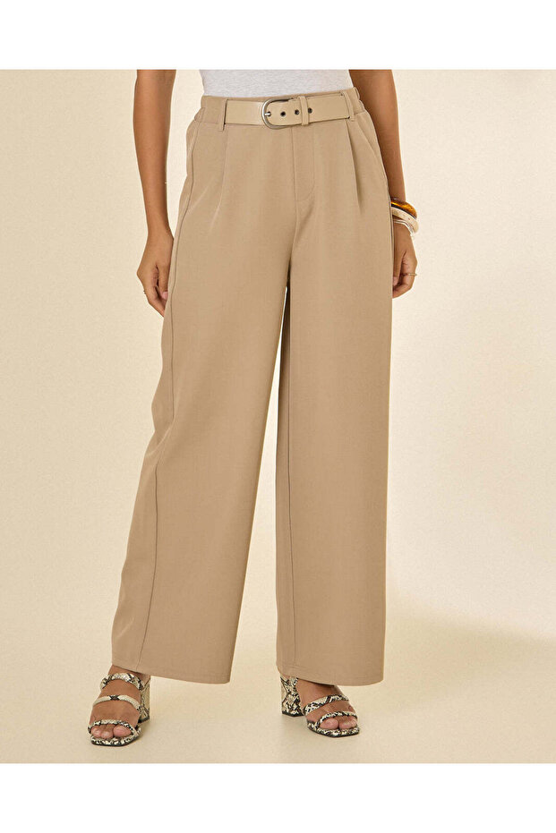 Women Beige Belted Wide Leg Trousers