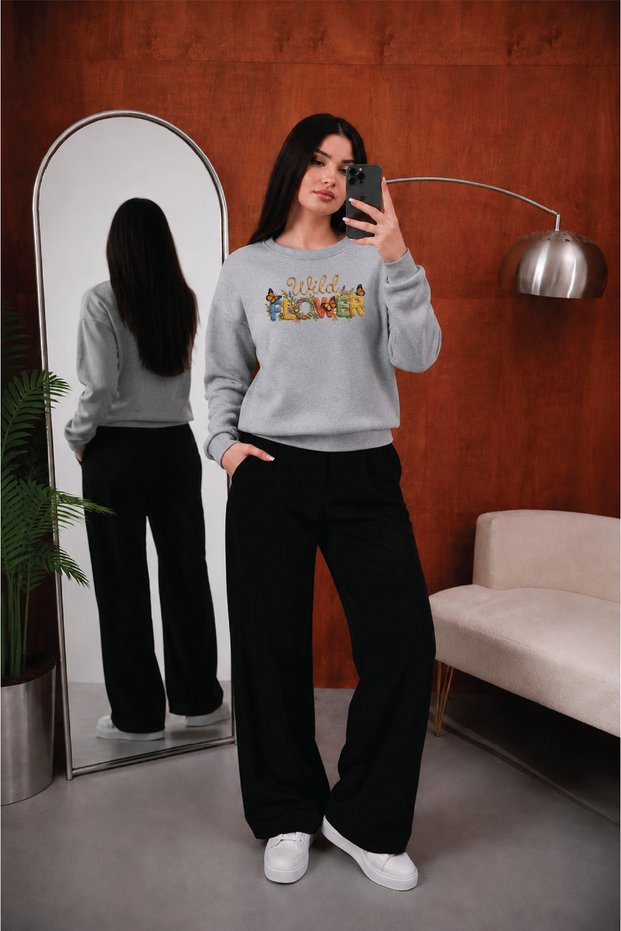 Women's Wild Flower Written Graphic Printed Comfortable Fit Crew Neck Gray Sweatshirt