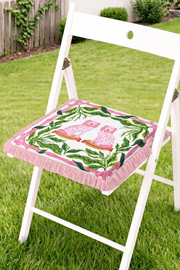 Pink Monkey Figured Leaf Frame Patterned Fringed Zippered Chair Cushion - Tasseled Kitchen Decoration